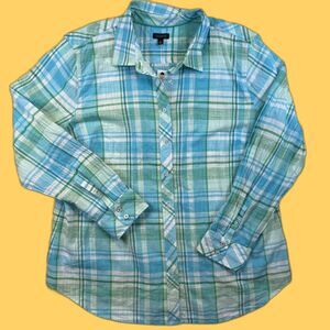 Talbots Authentic India Madras Shirt 100% Cotton Blue Green Plaid Size XL NWT